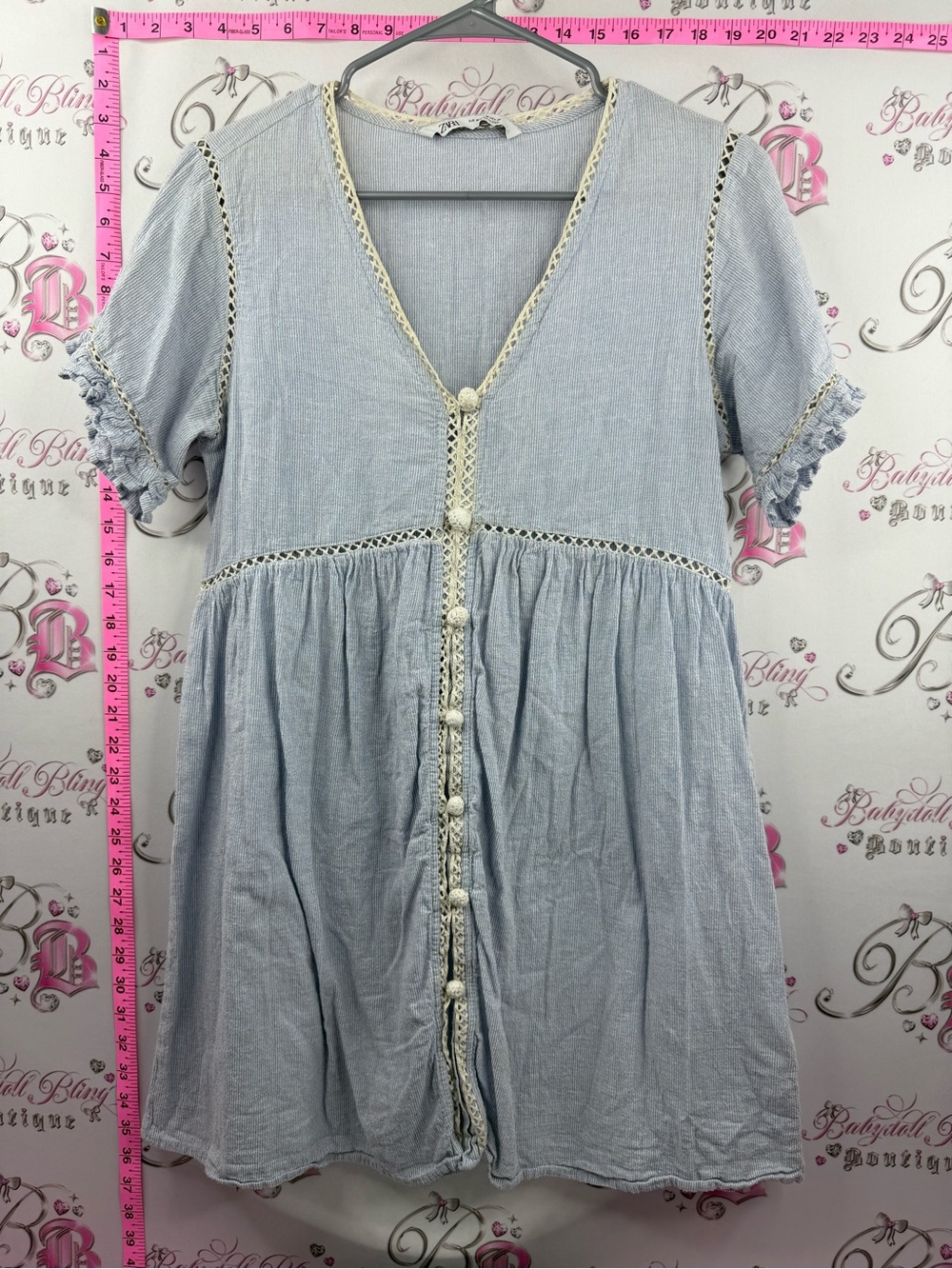 Zara mini dress or top babydoll style aqua Light Blue Crochet-Trim Mini Dress
